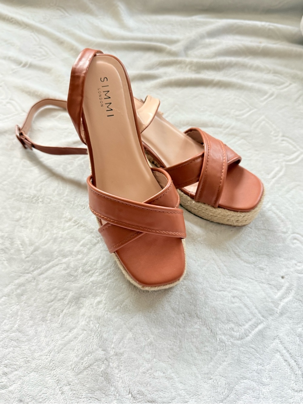 SIMMI London Tan Espadrille Wedge Sandals with Crossover Straps
